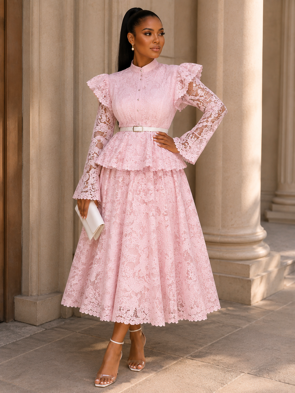 Long Sleeve Lace Peplum Midi dress