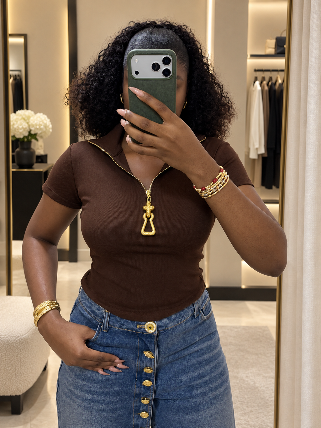 Gold Zip Fitted Short-Sleeve Top