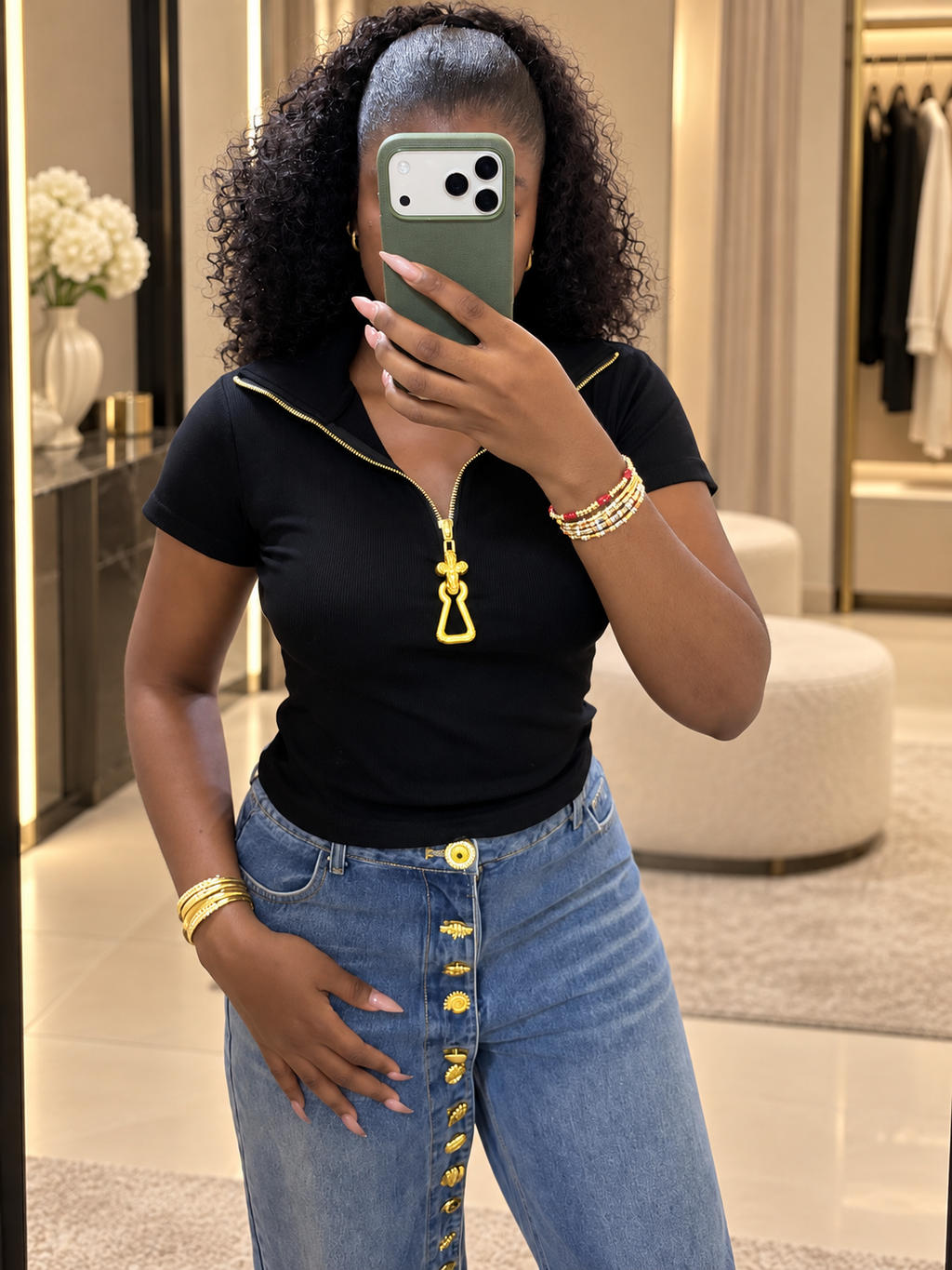 Gold Zip Fitted Short-Sleeve Top