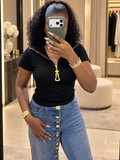 Gold Zip Fitted Short-Sleeve Top