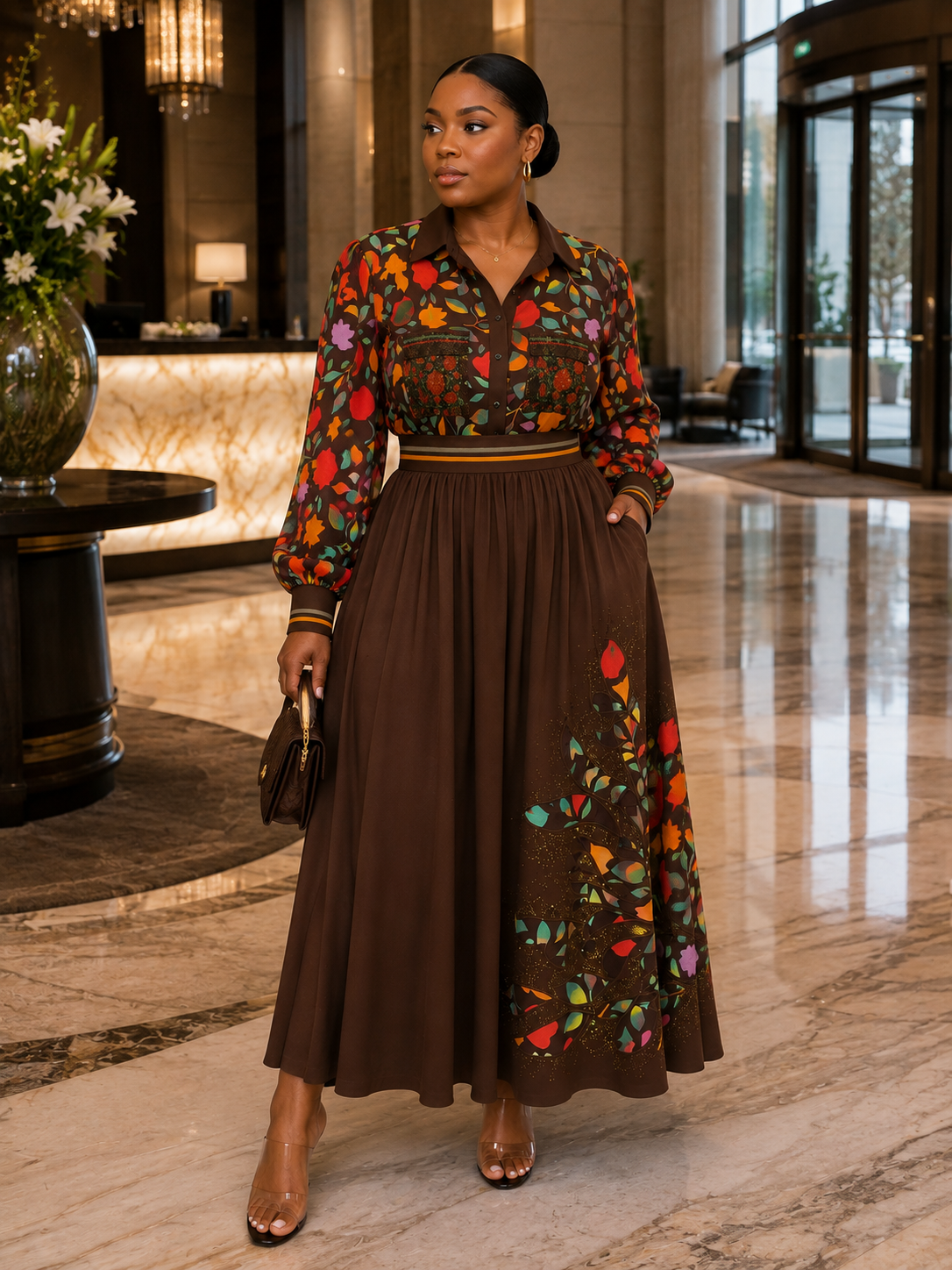 Floral Embroidered Long-Sleeve Shirt & Maxi Skirt Set
