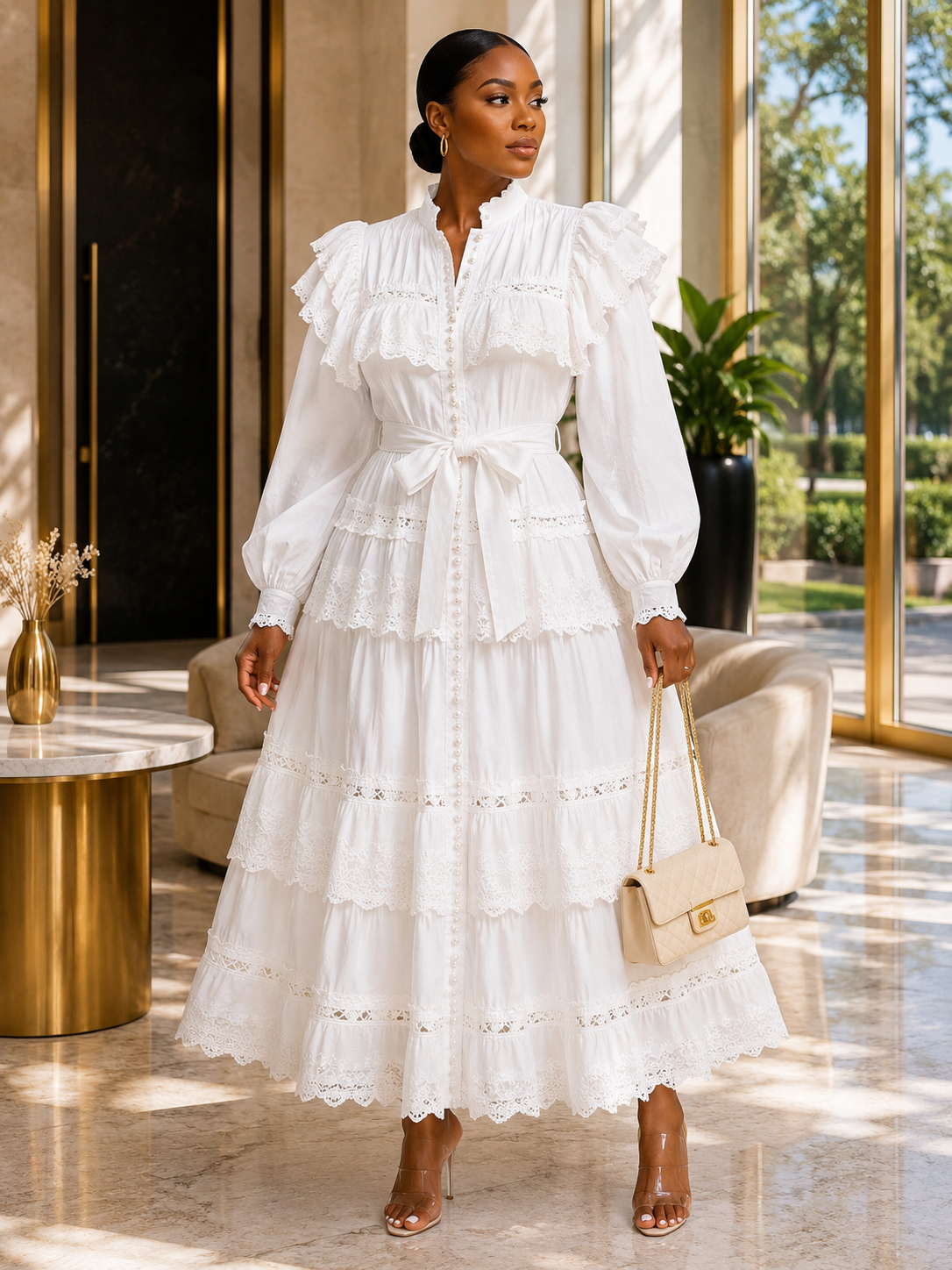 High Neck Pleated Ruffle Maxi Dress