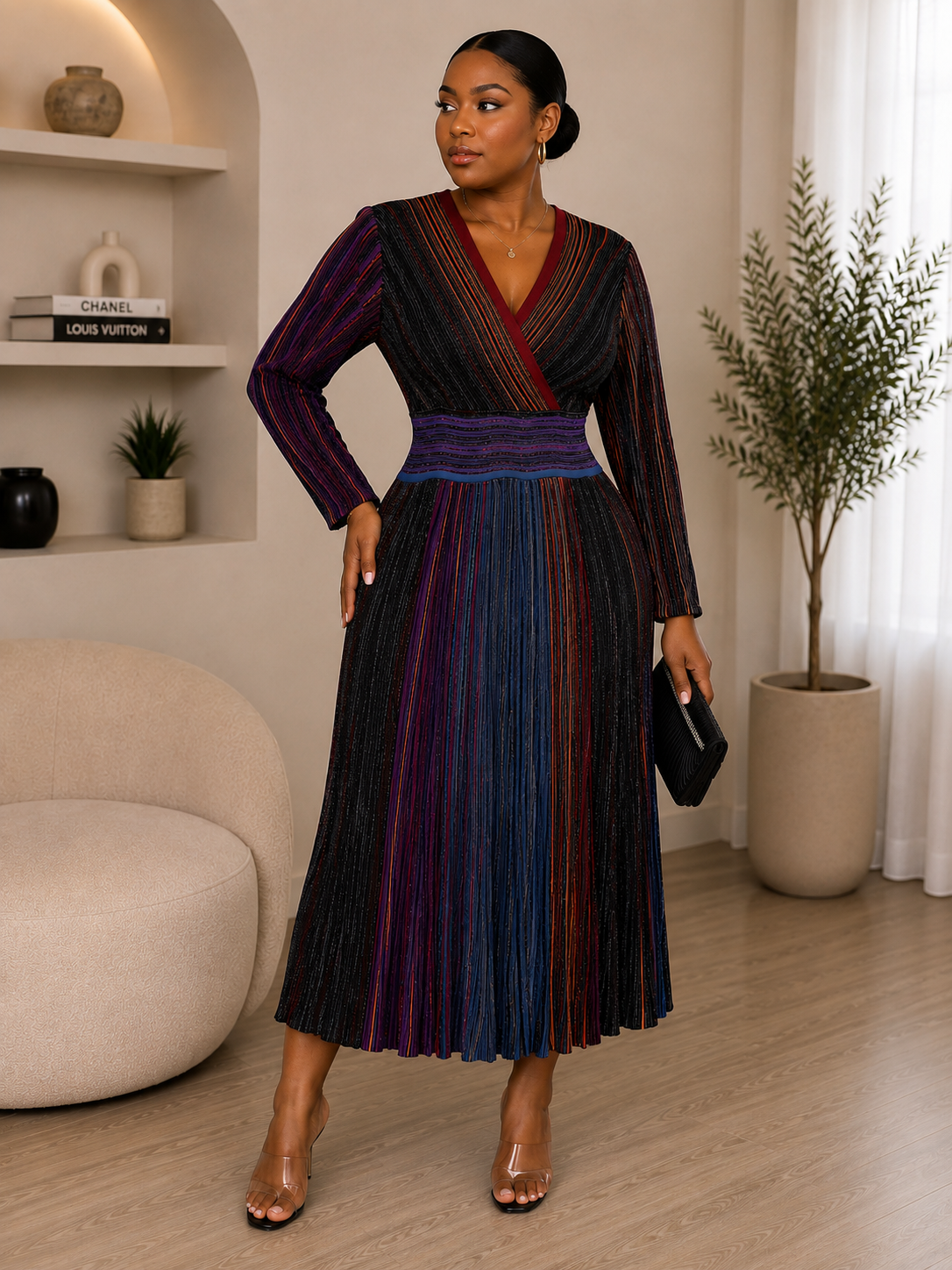 Multi-Tone Pleated V-Neck Wrap Midi Dress