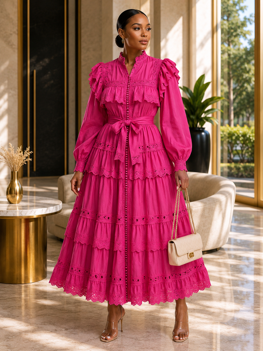High Neck Pleated Ruffle Maxi Dress