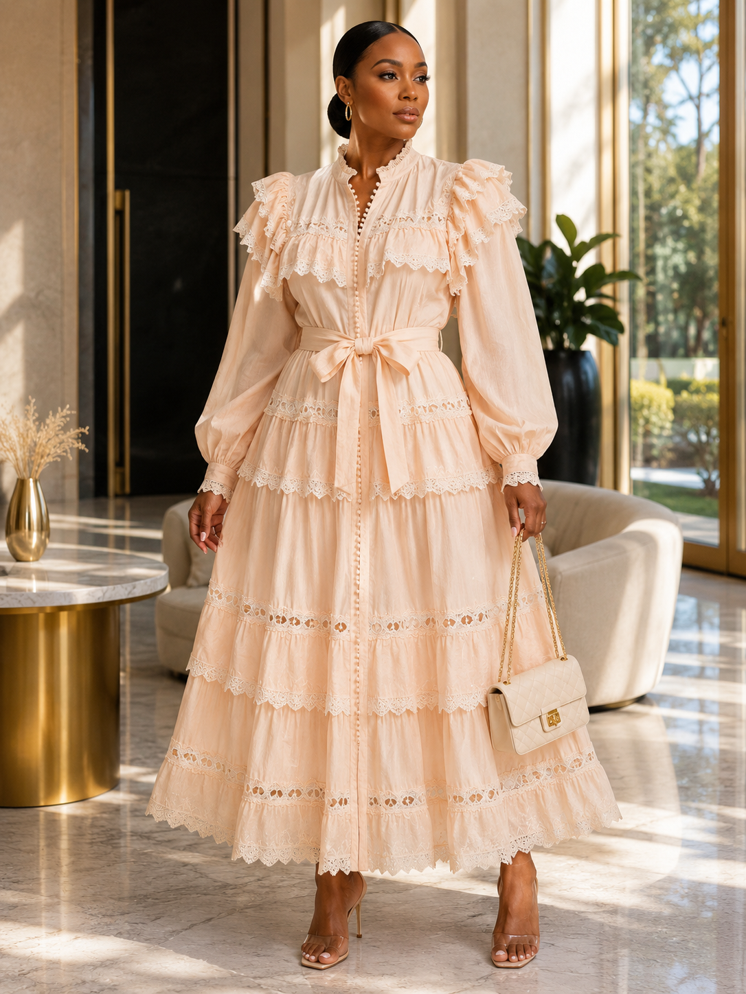 High Neck Pleated Ruffle Maxi Dress