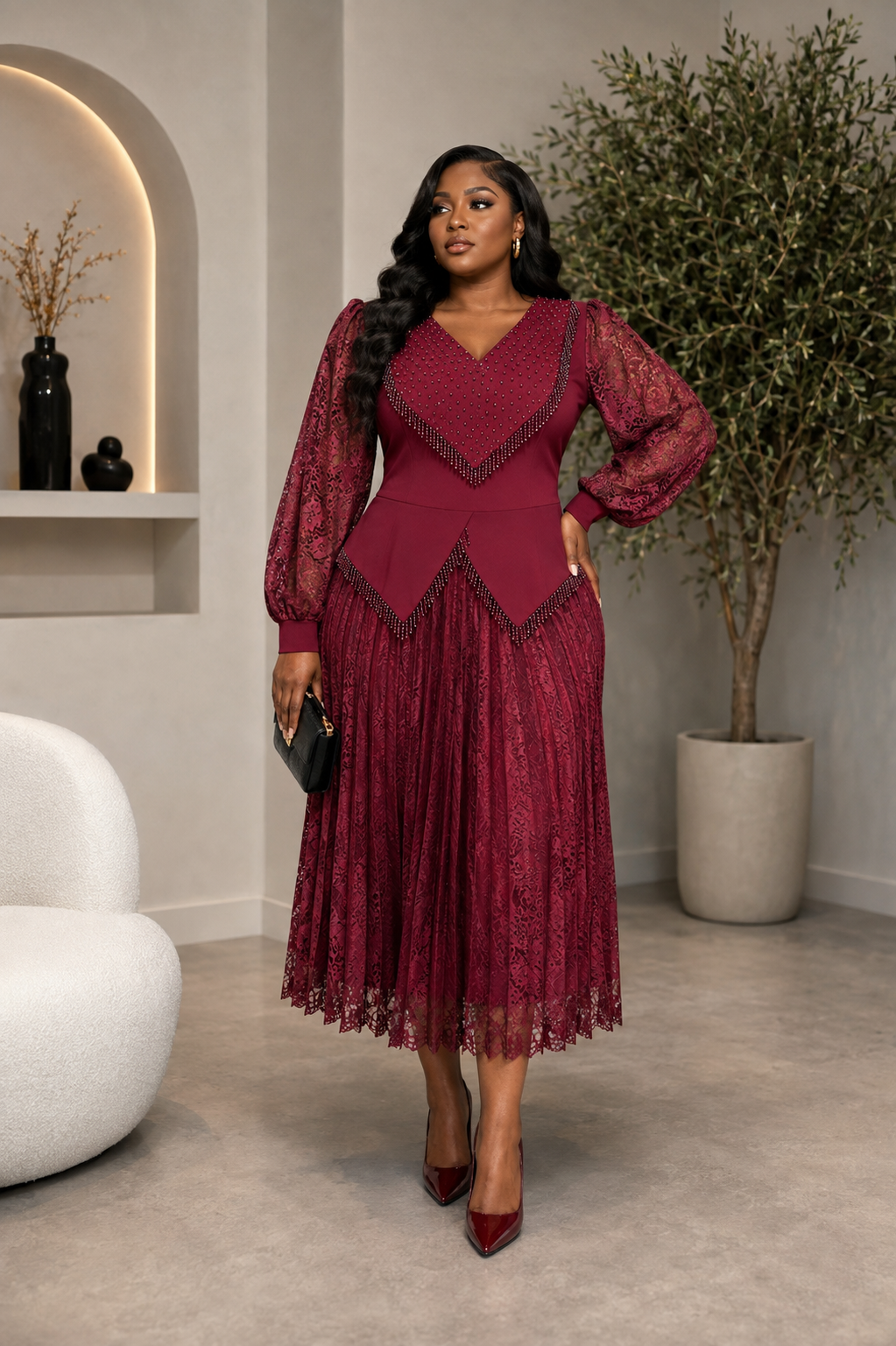 The LAYLA FRINGE PLEATED MIDI DRESS
