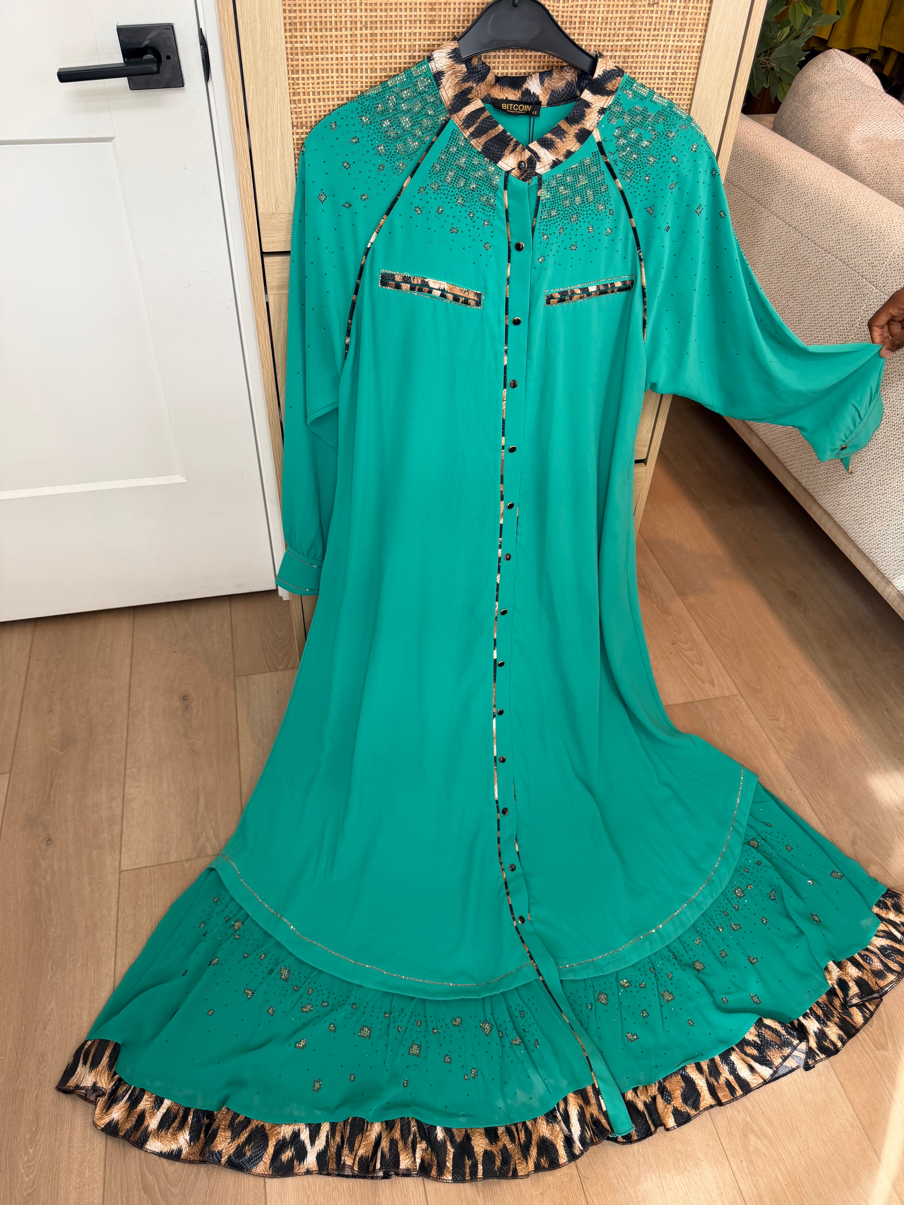 Embellished Long Sleeve Emerald Green Maxi Dress with Printed Accent Trim