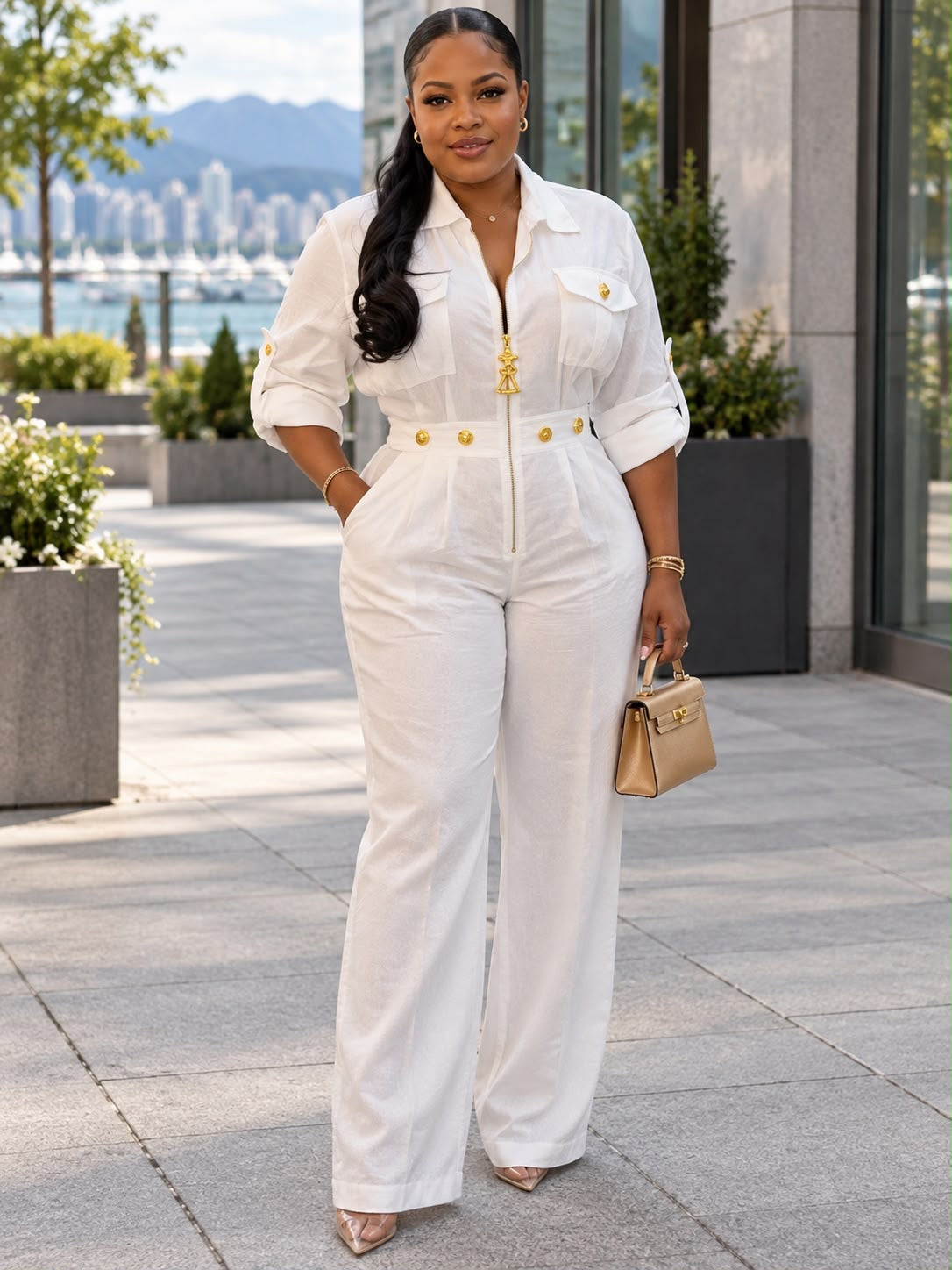 Button-Down Collared Wide-Leg Jumpsuit