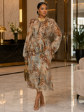 Printed Tie-Neck Peplum Top & Skirt Two-Piece Set with Beaded Belt