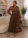 Floral Embroidered Long-Sleeve Shirt & Maxi Skirt Set
