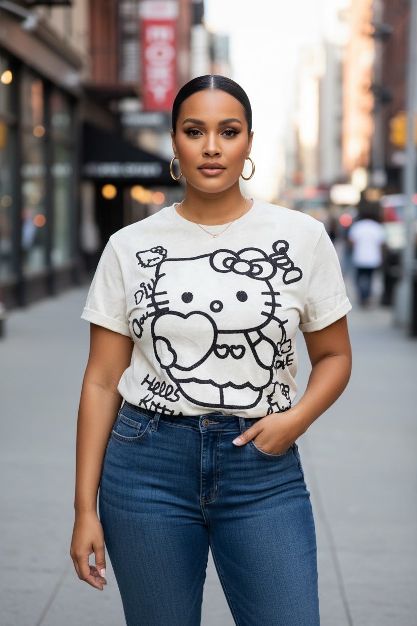 Cute Character Line-Art Graphic Short-Sleeve T-Shirt