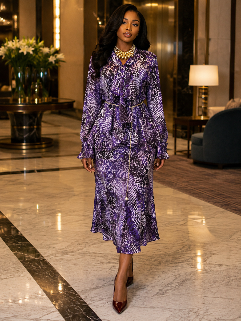 Printed Tie-Neck Peplum Top & Skirt Two-Piece Set with Beaded Belt