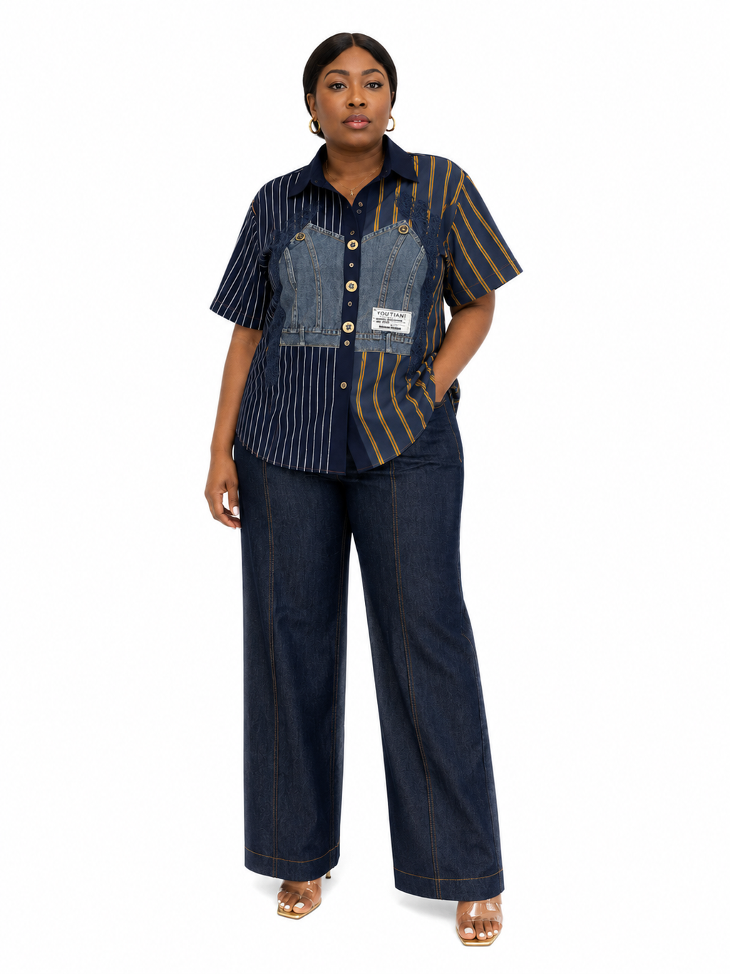 Pinstripe & Denim Mixed-Media Short-Sleeve Shirt