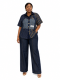 Pinstripe & Denim Mixed-Media Short-Sleeve Shirt