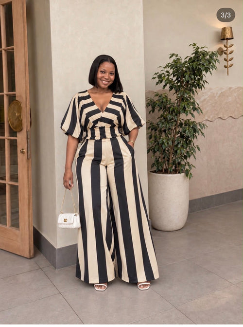 2-Piece Striped Short Sleeve Top and Wide-Leg Pants Set