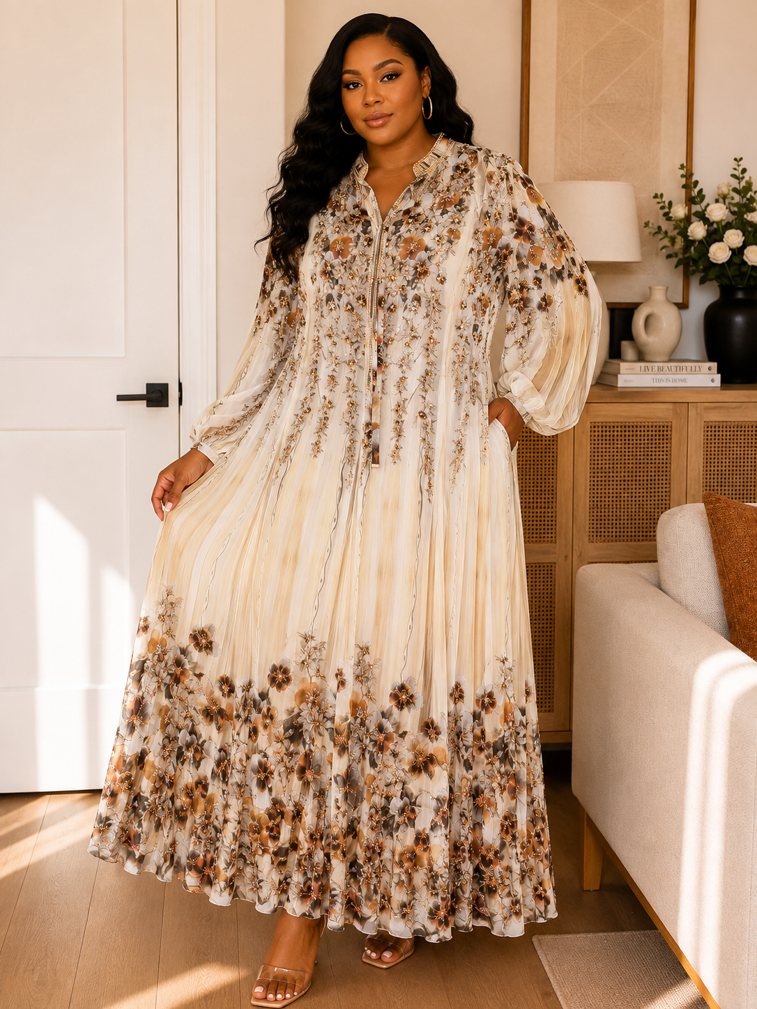 Boho Floral Patterned Long Sleeve Maxi Dress