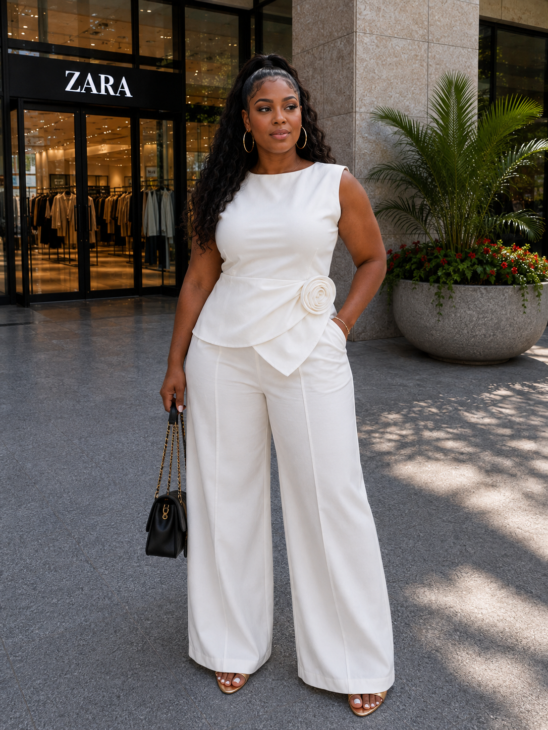 Asymmetrical Sleeveless Peplum Top & Wide-Leg Pants Set