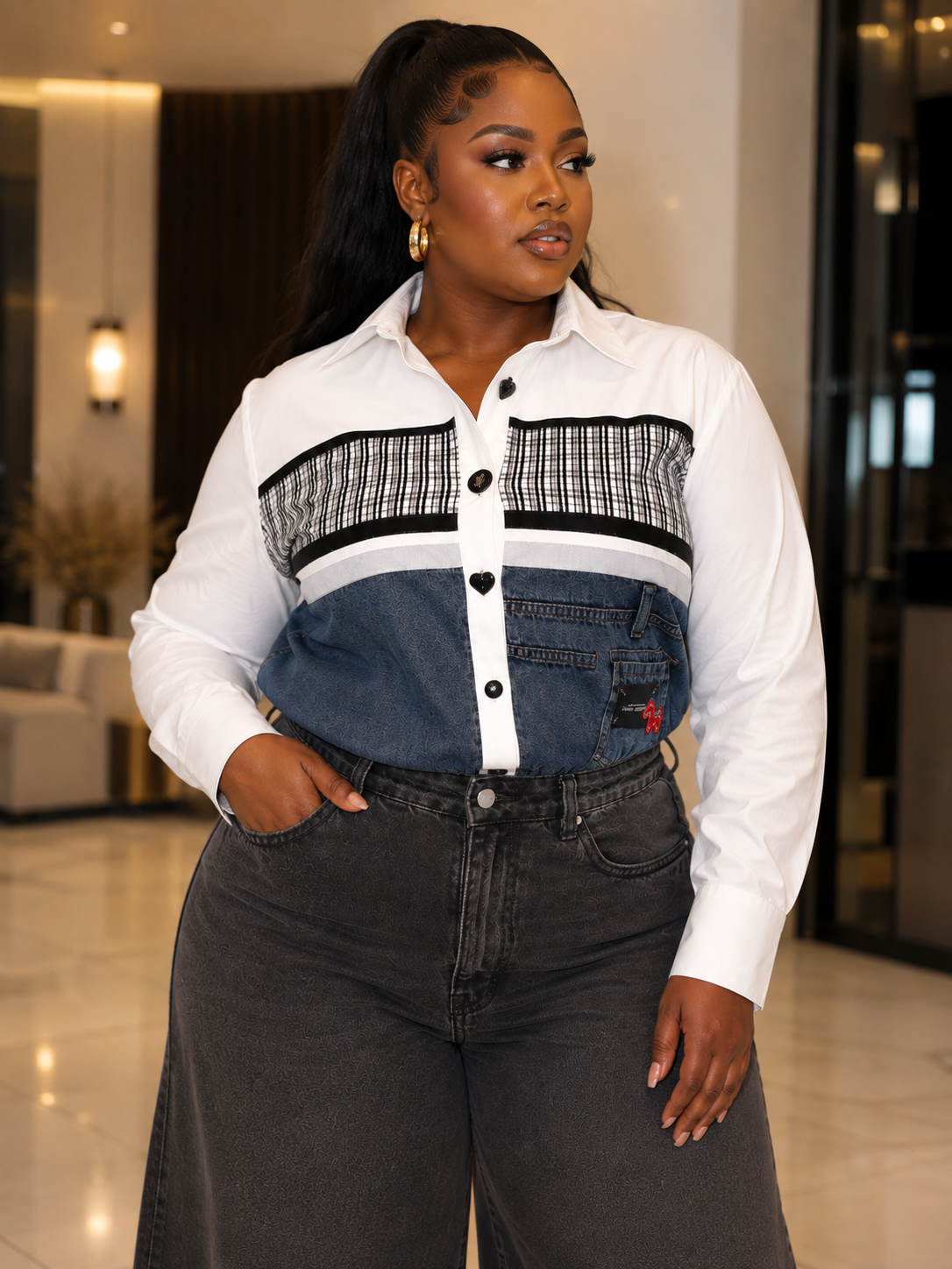 Patchwork Denim Collared Shirt