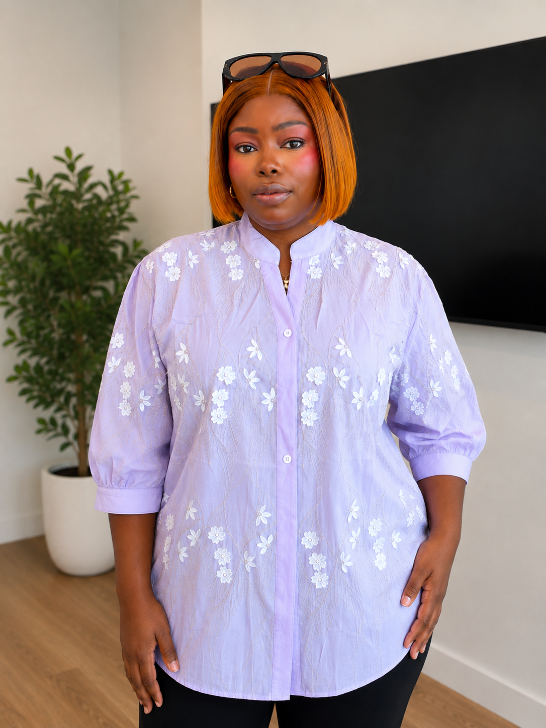 Floral Embroidered Split-Neck Tunic Blouse