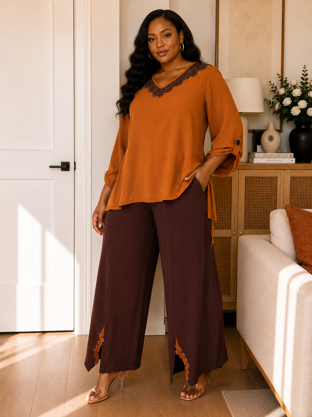 Two-Piece V-Neck Top & Wide-Leg Pants Set - Terracotta & Chocolate