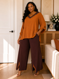 Two-Piece V-Neck Top & Wide-Leg Pants Set - Terracotta & Chocolate