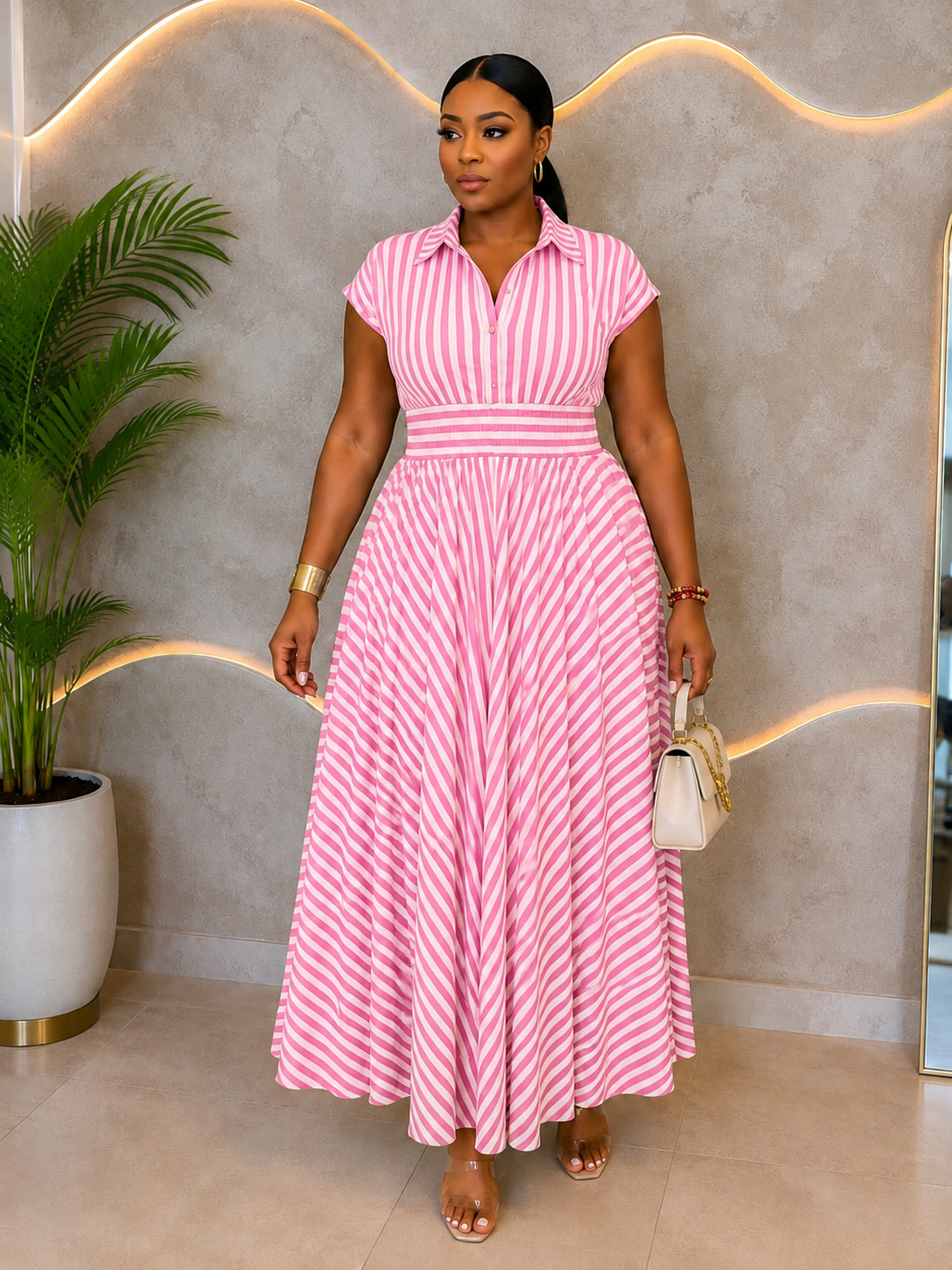 Best Seller: Elegant Striped Button-Down Belted Maxi Dress (PREORDER ONLY FOR THIS ITEM)