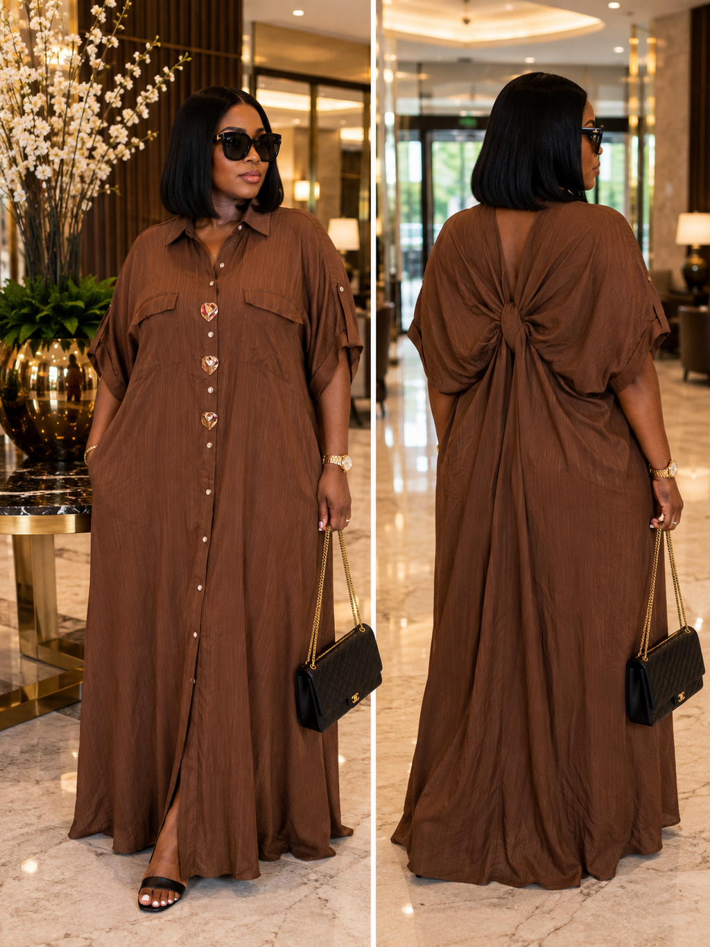 Women’s Oversized Front-Button Kaftan Maxi Dress