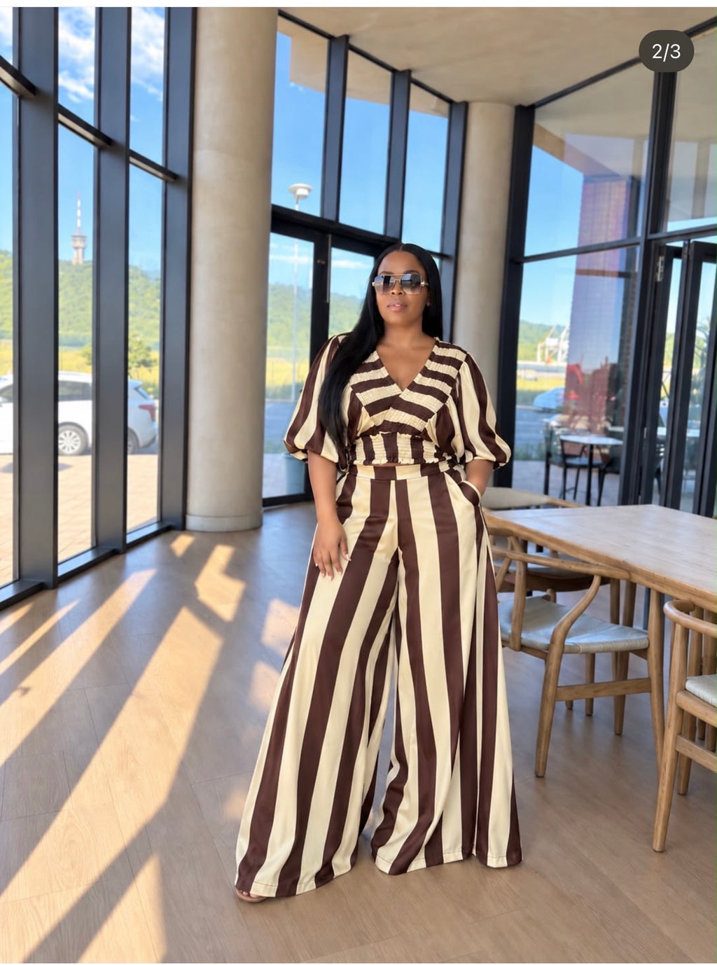 2-Piece Striped Short Sleeve Top and Wide-Leg Pants Set