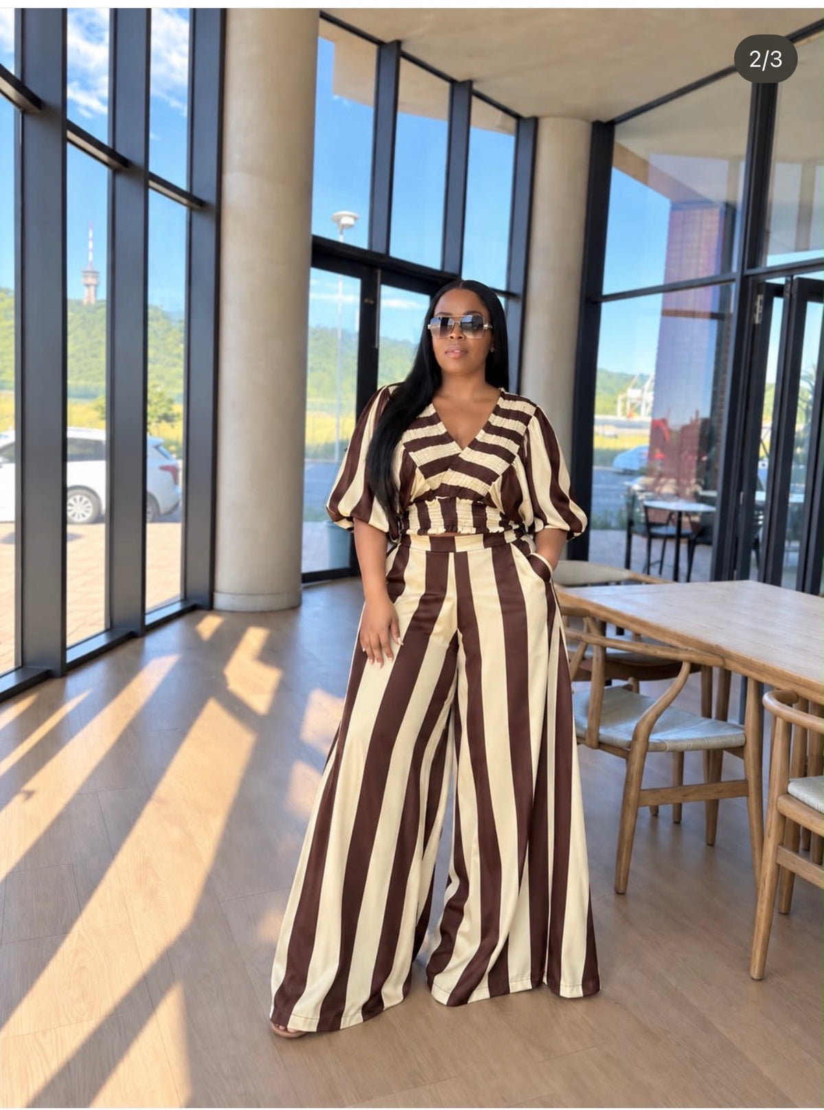 2-Piece Striped Short Sleeve Top and Wide-Leg Pants Set