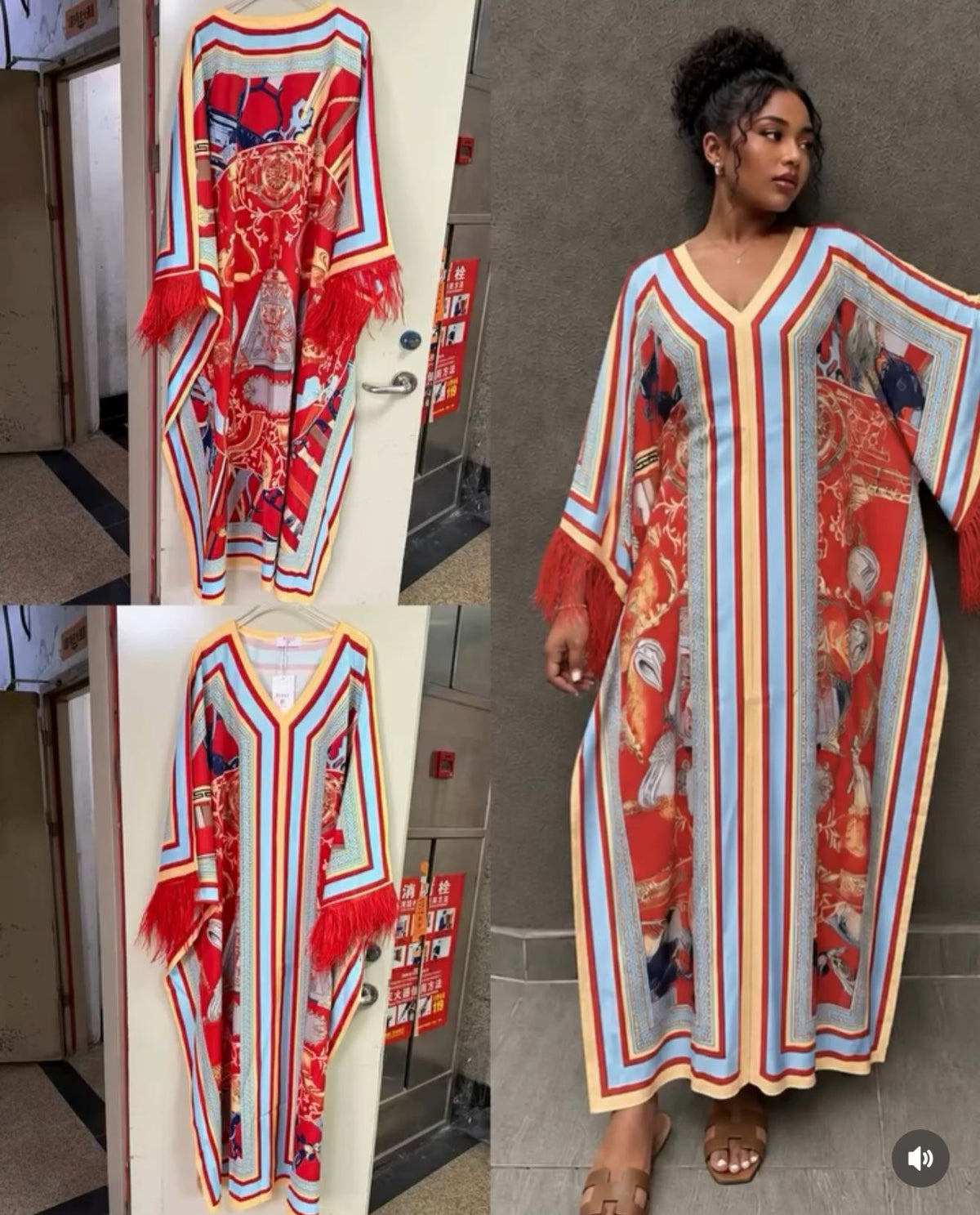 Boho Printed V-Neck Kaftan Maxidress with Feathers
