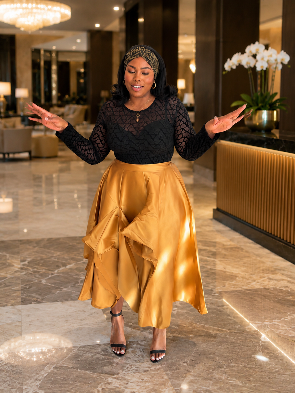Monogram Mesh Top & Asymmetrical Satin Skirt Two-Piece Set