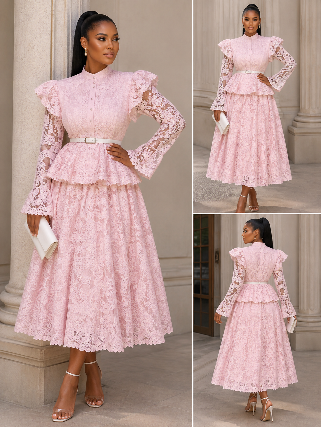 Long Sleeve Lace Peplum Midi dress