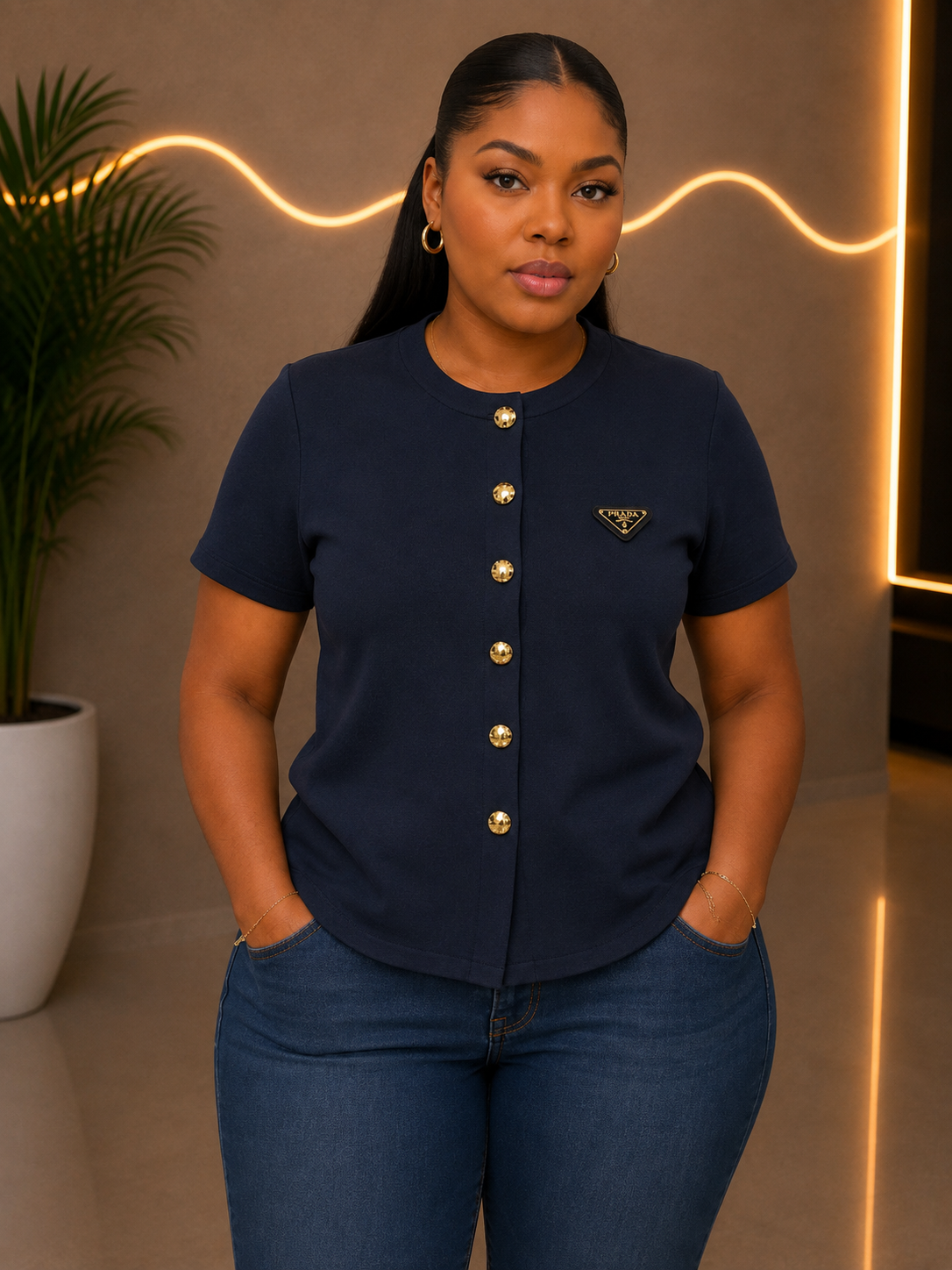 Elegant Short-Sleeve Button-Down Knit Top