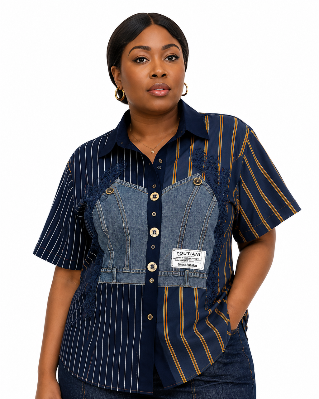Pinstripe & Denim Mixed-Media Short-Sleeve Shirt