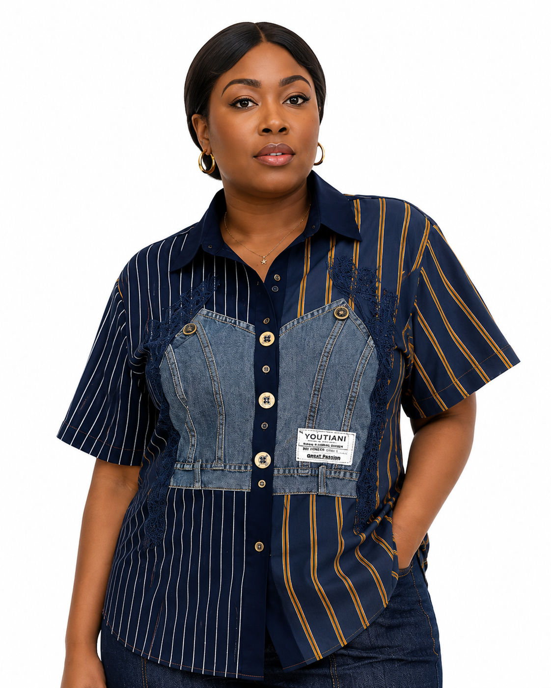 Pinstripe & Denim Mixed-Media Short-Sleeve Shirt