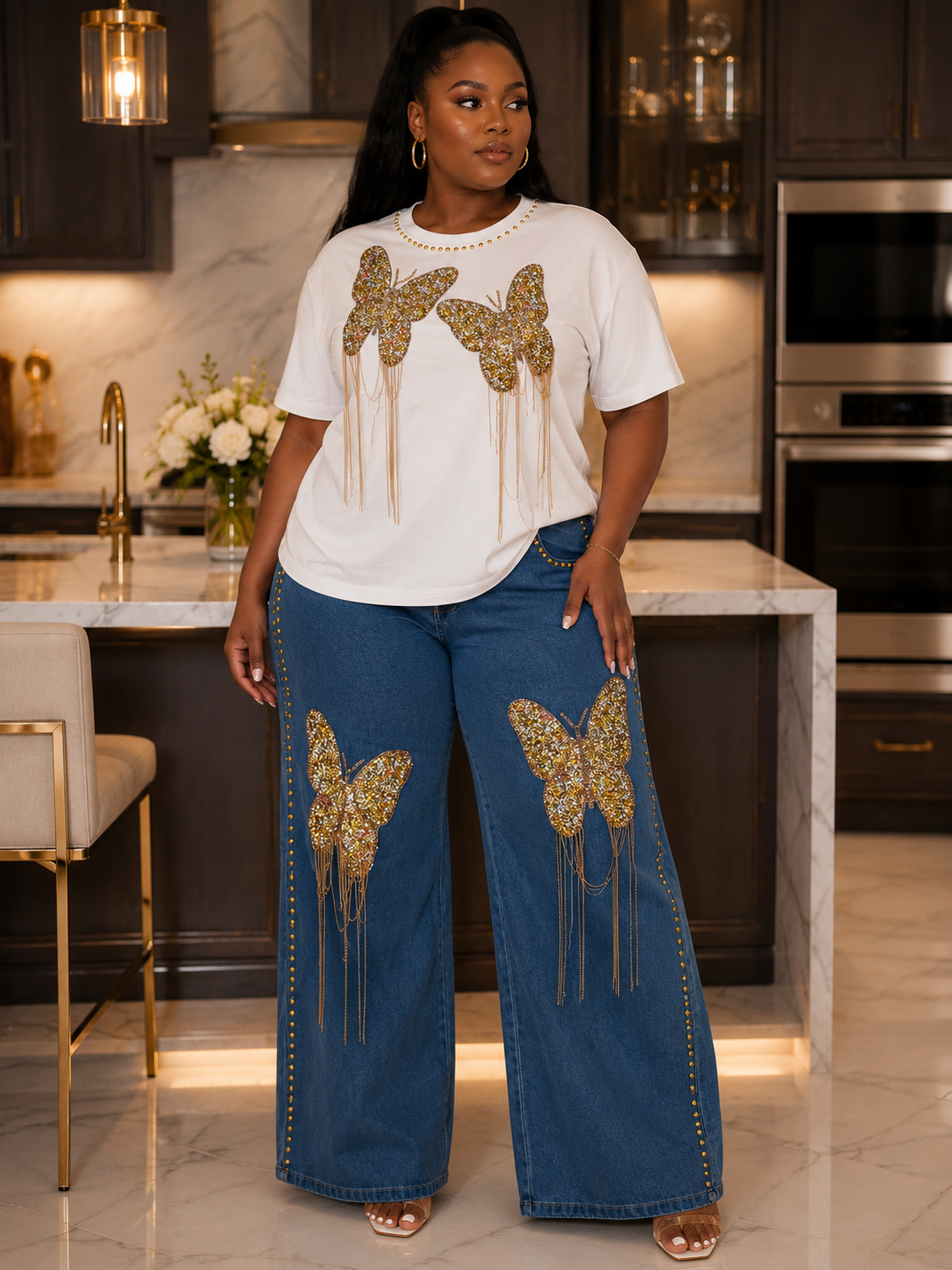 Statement Graphic Tee & Embellished Denim Set