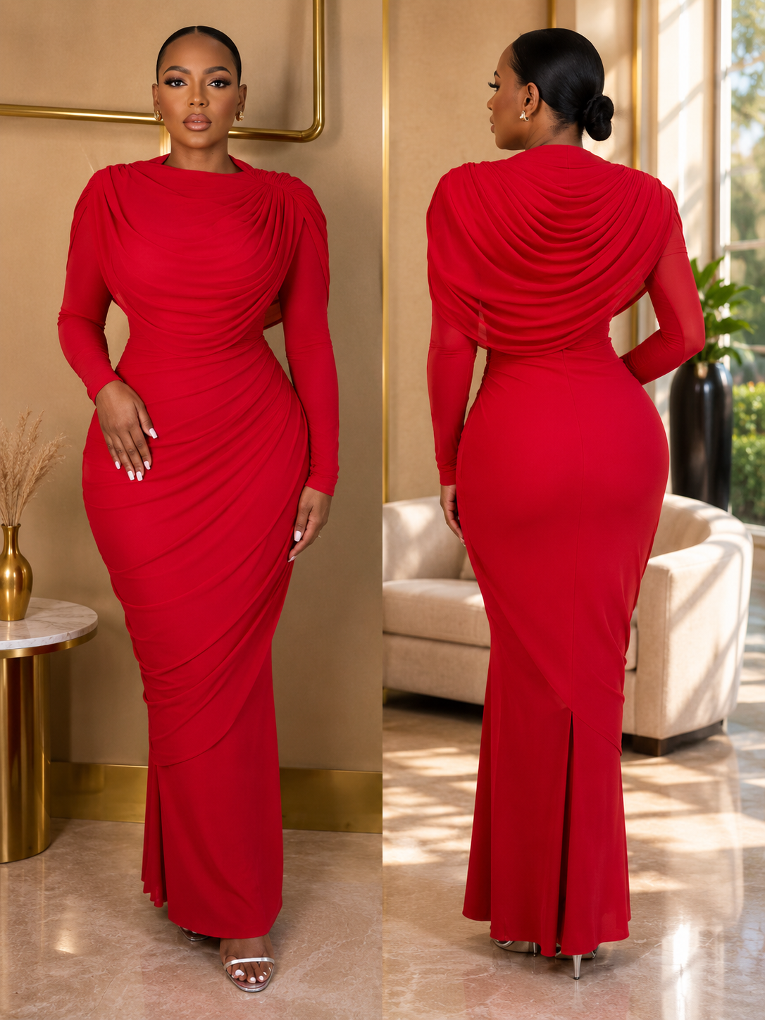 Long Sleeve Drape Neck Maxi Dress