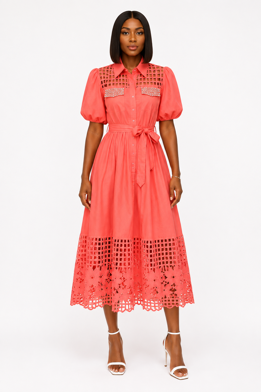 Melisa White Laser-Cut Midi Dress
