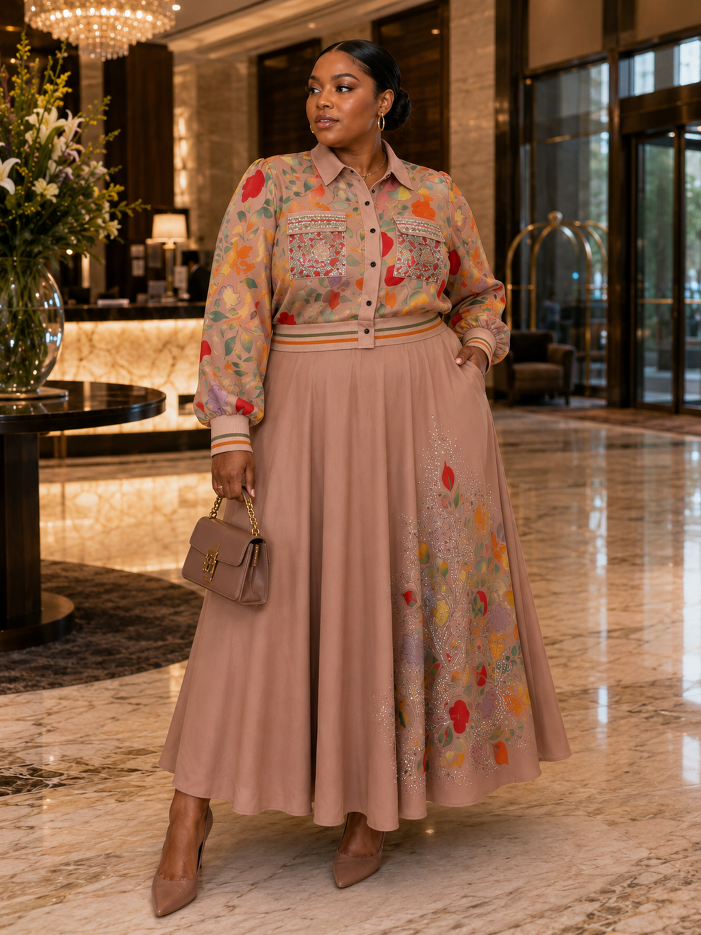 Floral Embroidered Long-Sleeve Shirt & Maxi Skirt Set