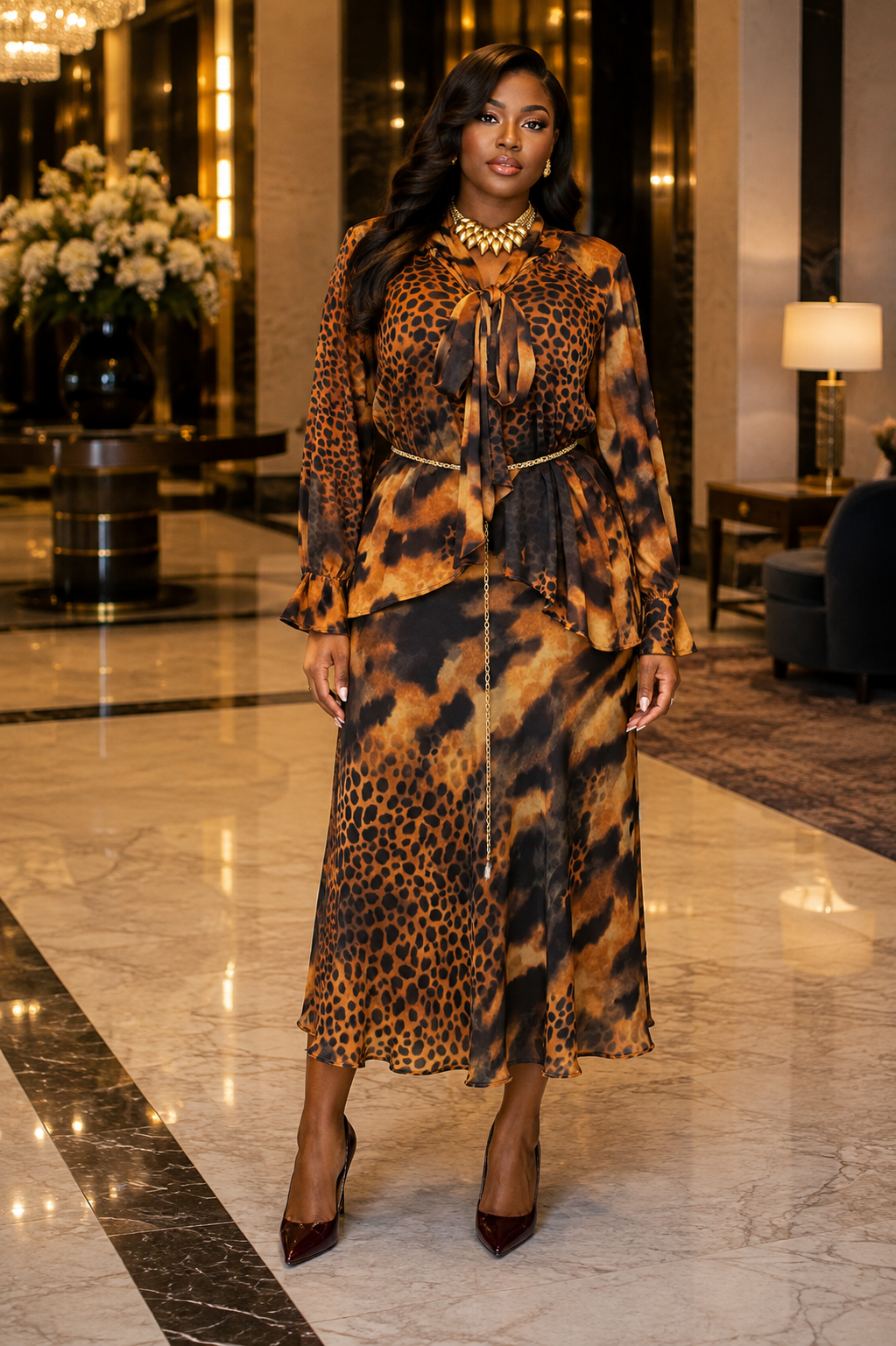 Printed Tie-Neck Peplum Top & Skirt Two-Piece Set with Beaded Belt