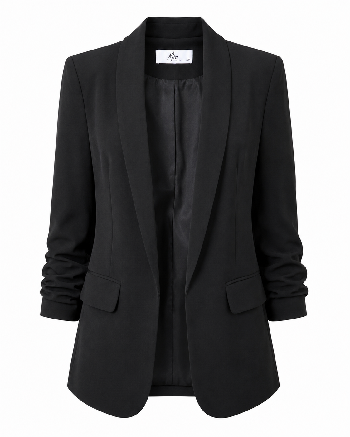 Elegance Ruched-Sleeve Open-Front Tailored Blazer