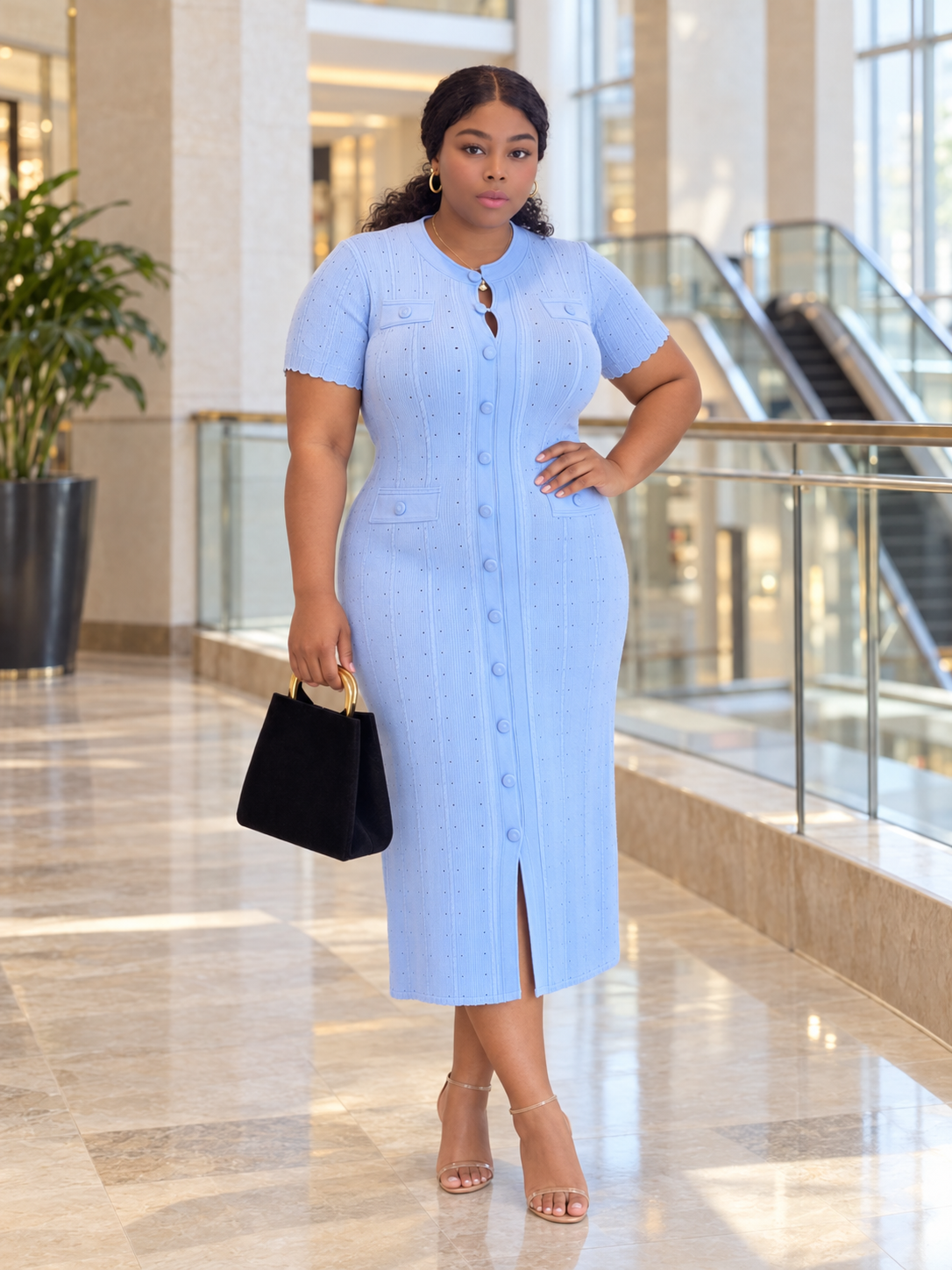 Rhinestone Button-Front Midi Dress