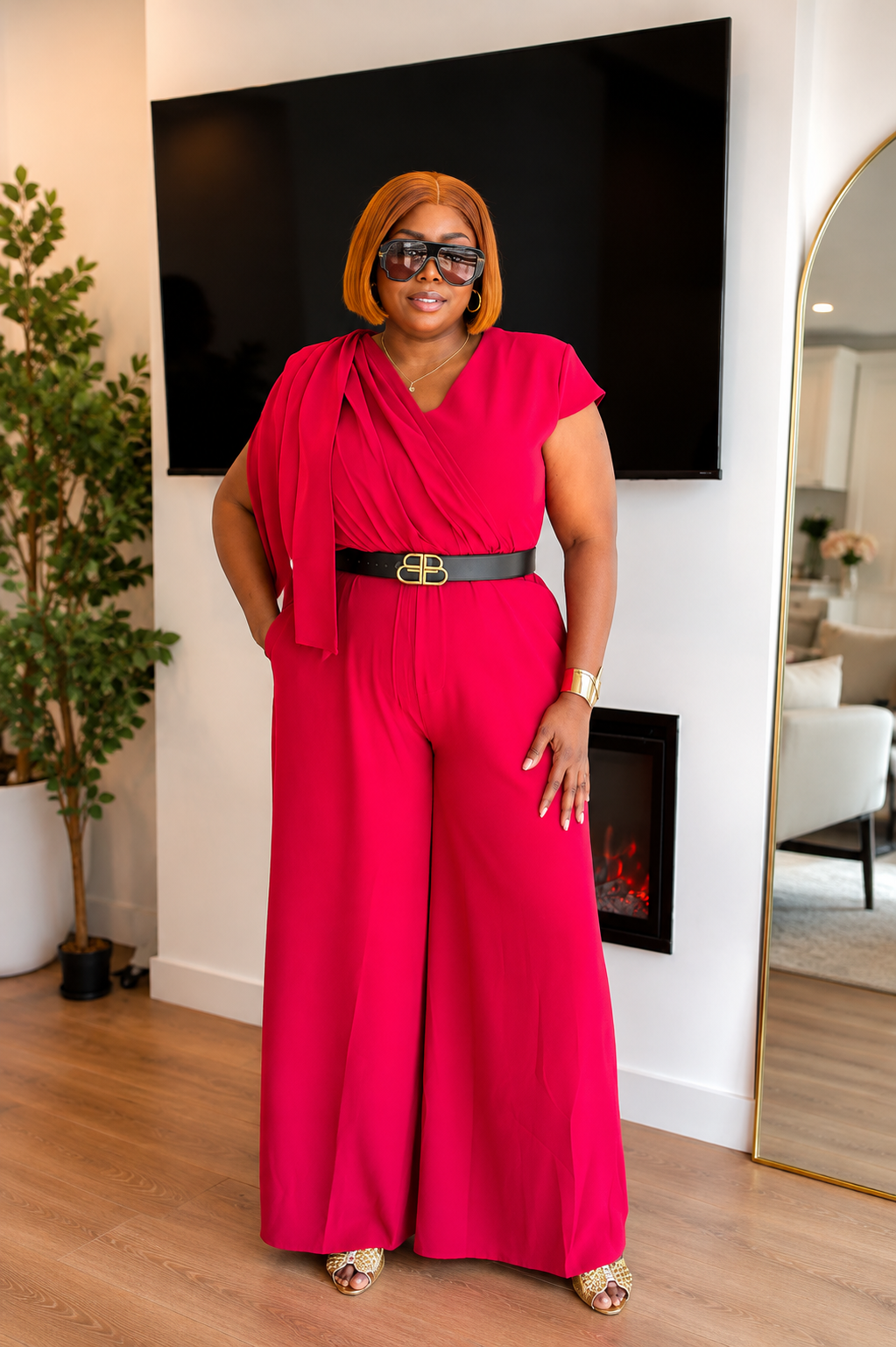 Chic Drape-Neck Wide-Leg Jumpsuit