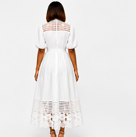 Melisa White Laser-Cut Midi Dress