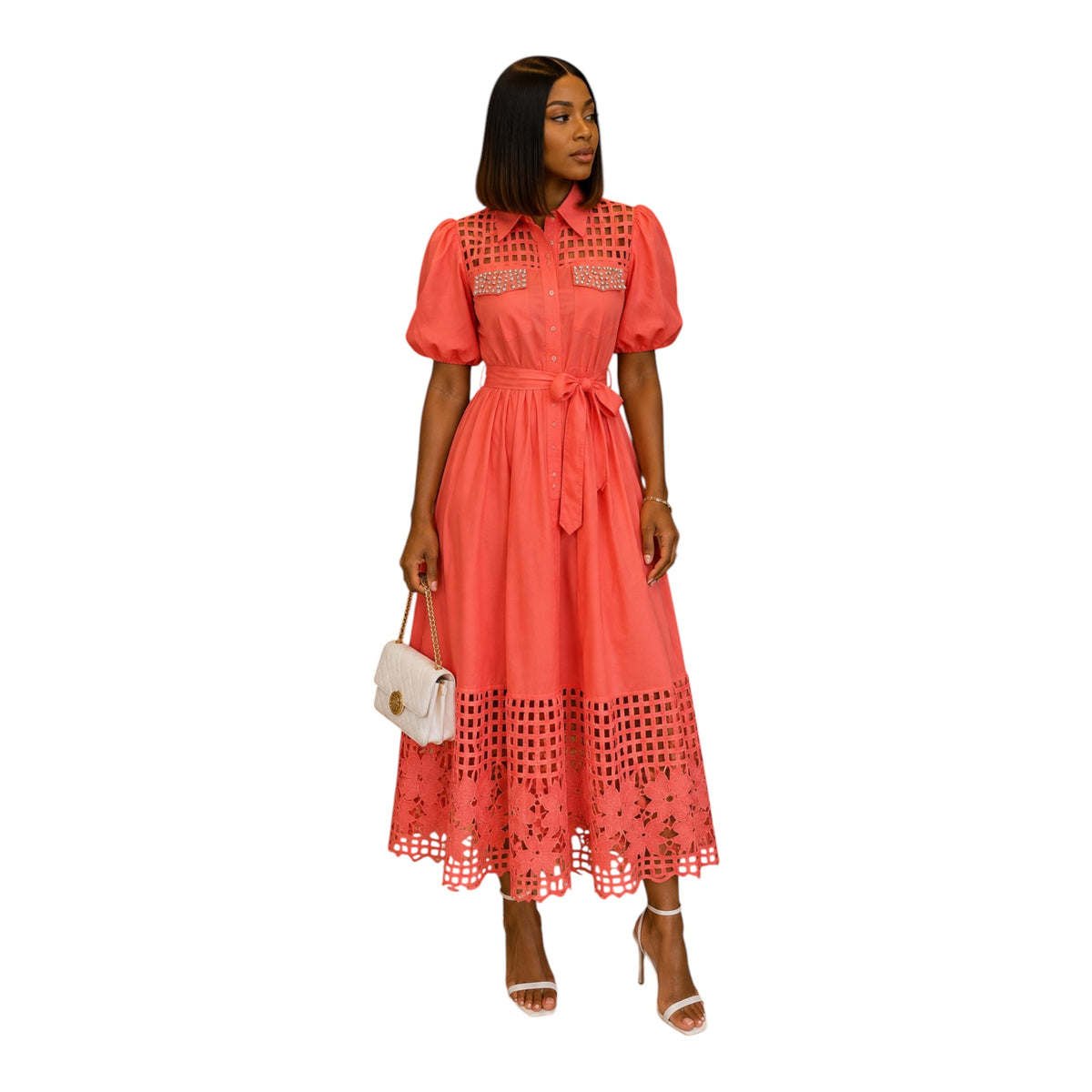 Melisa White Laser-Cut Midi Dress