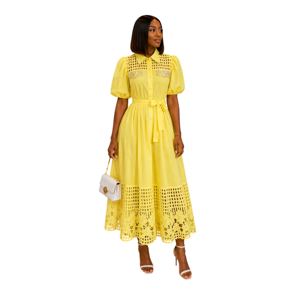 Melisa White Laser-Cut Midi Dress