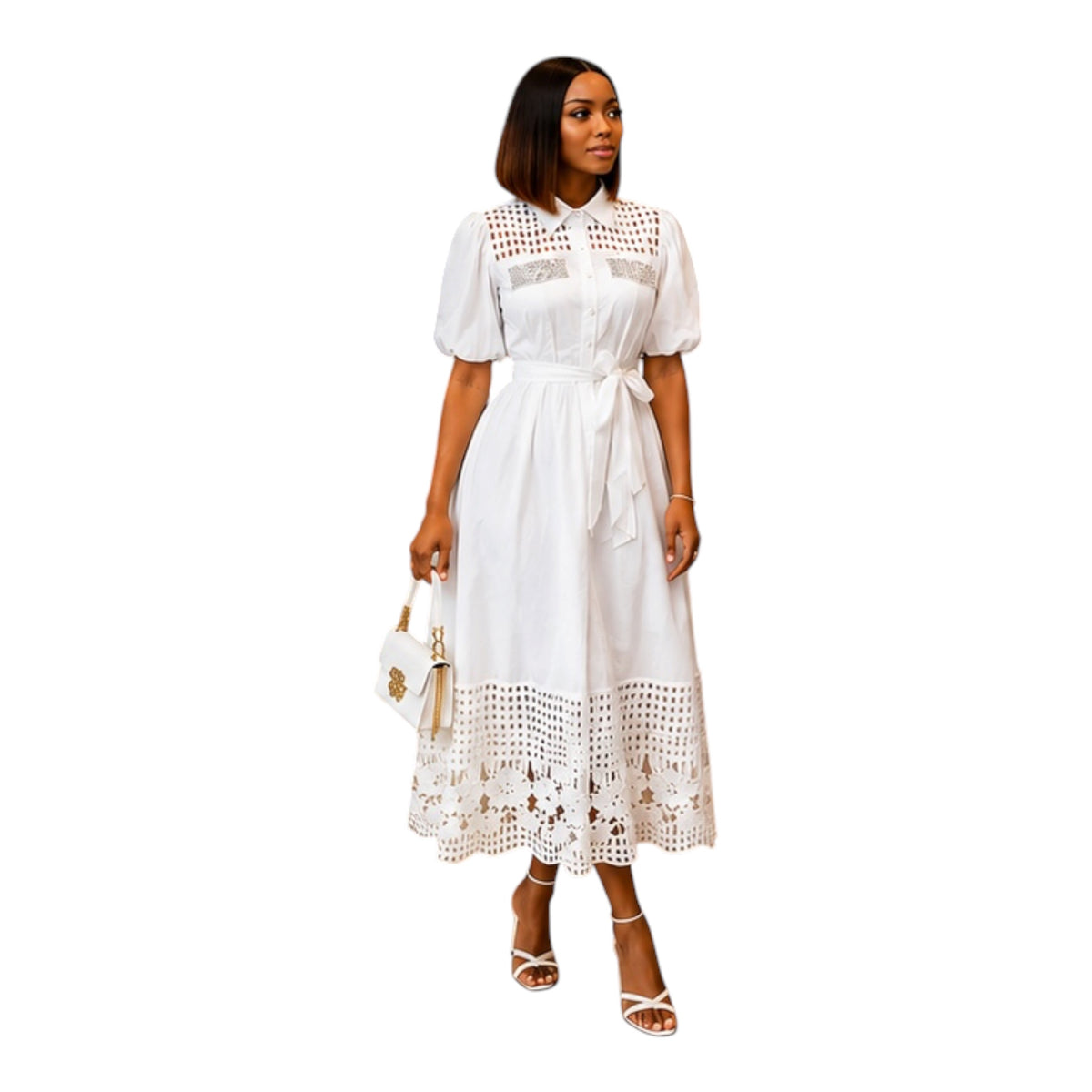 Melisa White Laser-Cut Midi Dress