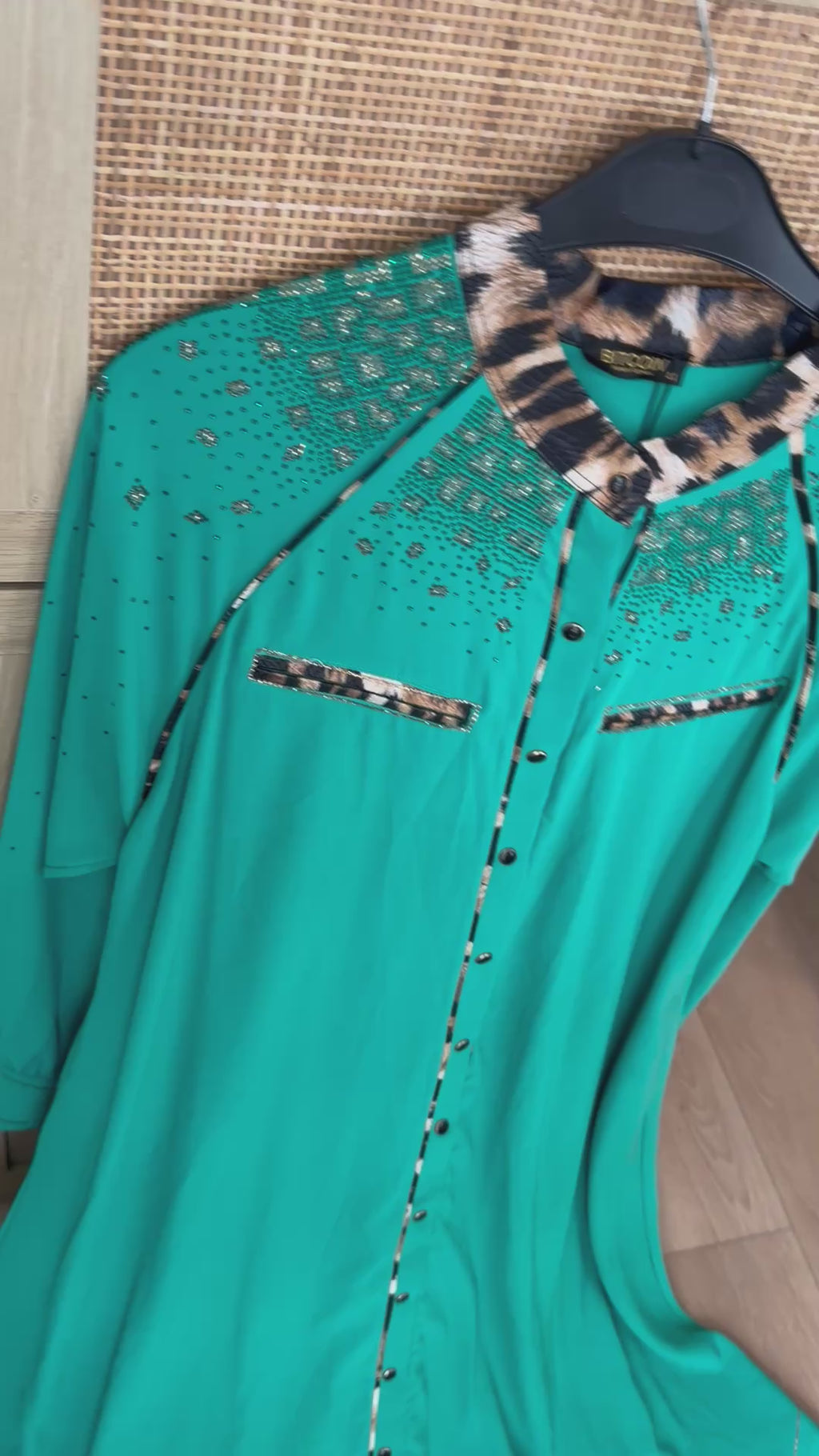 Embellished Long Sleeve Emerald Green Maxi Dress with Printed Accent Trim