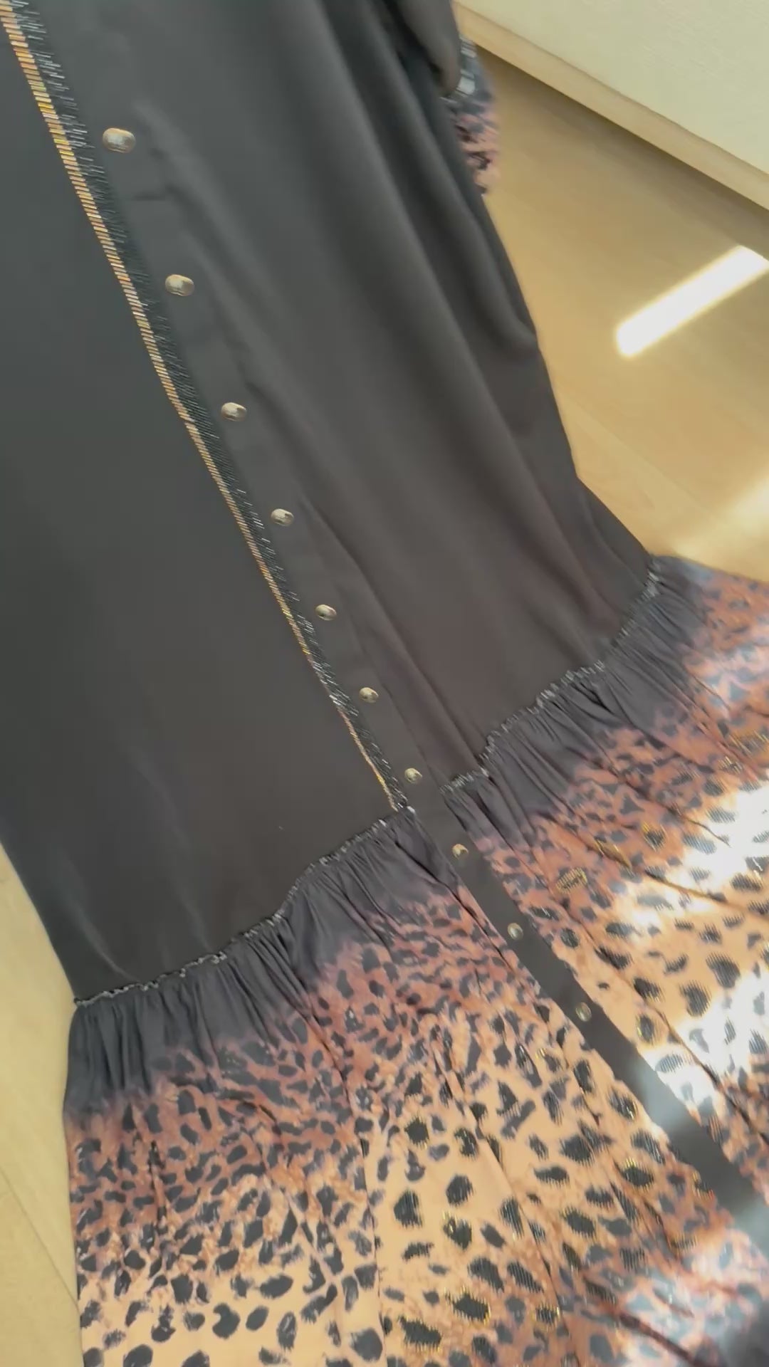 Leopard Print Hem Button-Down Long Sleeve Maxi Dress - Black