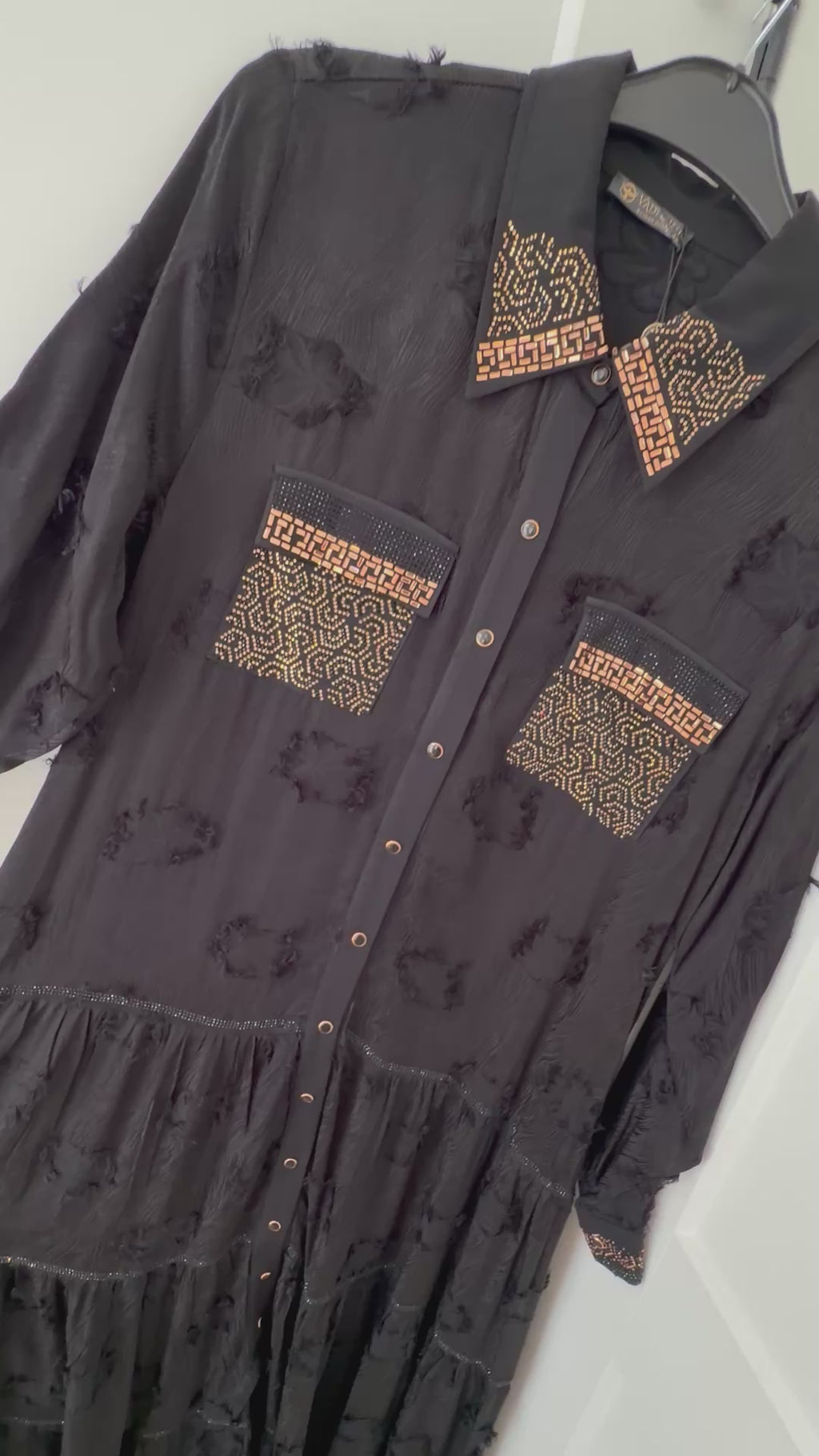 Embroidered Pocket Long Sleeve Button-Down Maxi Shirt Dress - Black